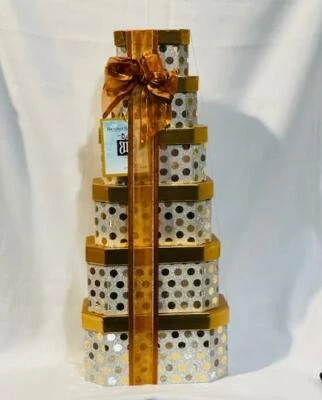 6 Nesting Gift Boxes Gold Dots on Silver Glitter Background Gold Lids Bow - Image 1 of 4