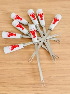 Set of Eight Porcelain Seafood Forks Picks with Lobster Design Possibly Vintage - Picture 1 of 8
