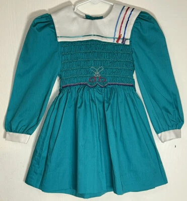 Vestido Polly Flinders Niña Talla 4 Verde azulado Manga Larga Bordado Tijeras Usado en Excelente Condición Foto 1 de 4