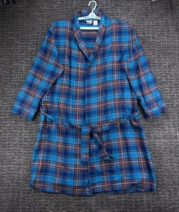 LL Bean Bathrobe Mens Large Blue Scotch Plaid Flannel 100% Cotton Cabincore - Picture 1 of 11