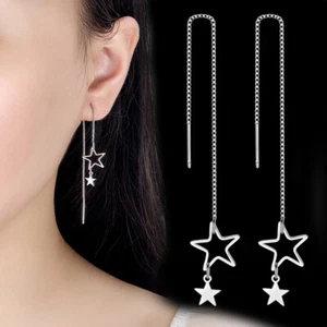 2Pair 925 Sterling Silver Tassel Threader Stars Dangle Drop Pull Earrings - Imagen 1 de 6