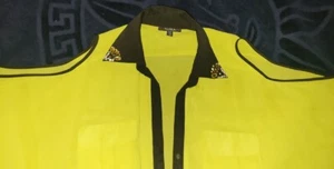 XOXO Collar Rhinestones with Cold Shoulder 3/4 sleeve sheer blouse  patch pocket - Picture 1 of 7