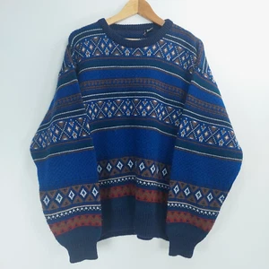 Knit Jumper Mens Size L / XL Blue Geometric Long Sleeve Oversized Y2K Acrylic - Picture 1 of 13
