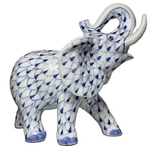 Vintage Andrea by Sadek Blue White Fishnet Porcelain Elephant Figurine Trunk Up - Picture 1 of 11