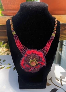 Vintage Artisan-Made Seed Bead Floral Necklace Lovely Colors Rose Red Red Violet - Picture 1 of 11