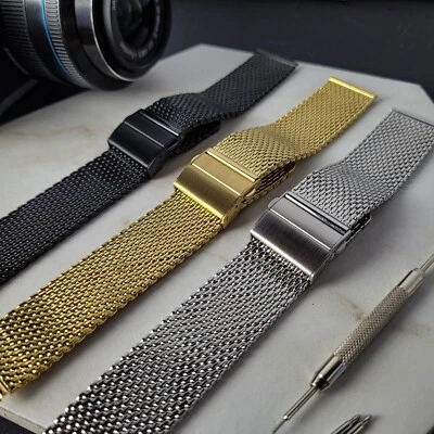 Steel Milanese Mesh Watch Deployment Strap Band - Gold Black Silver - 18 20 22mm Foto 1 de 4