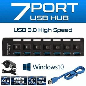 7 Port USB 3.0 Hub Schnell Data Hub mit Netzteil für Desktop PC Laptop - Afbeelding 1 van 12