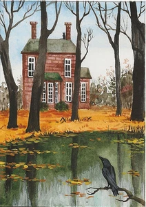 ACEO PRINT OF PAINTING HALLOWEEN CROW RYTA BLACK CAT Haunted House Fall Folk Art - Picture 1 of 1