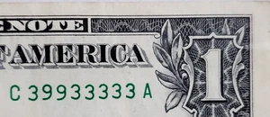 1 $ Schein 2017 ausgefallene Seriennummer BINÄR MIT 6OAK 6-of-a-kind (3s) - C 399333 A - Bild 1 von 3