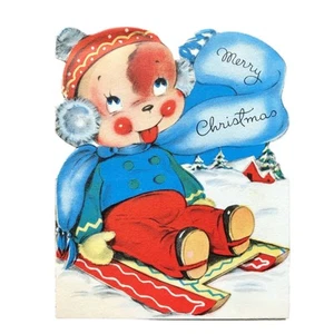 Vintage Greeting Card Dog Puppy Riding Sled Diecut Merry Christmas Holiday - Picture 1 of 3