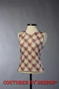 Camiseta sin mangas St John Knits de lana, concha crema malva y verde a cuadros talla pequeña nueva sin etiquetas - Imagen 1 de 2