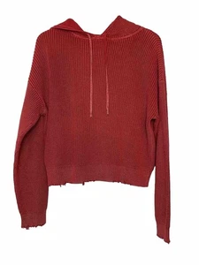RtA Womens Medium Ruby Red Marvin Distressed Crop Chunky Knit Hoodie Sweater - Picture 1 of 9