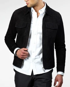 Men Leather Trucker Jacket Black Pure Suede Custom Made Coat - Picture 1 of 4