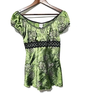 Heart Soul Top Green Satin Y2K Babydoll Embroidered Fairy Grunge Sequins Size M - Picture 1 of 7