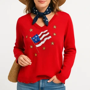 Quacker Factory Womens M Red Sweater Sequin American Flag Patriotic 4th of July - Picture 1 of 16