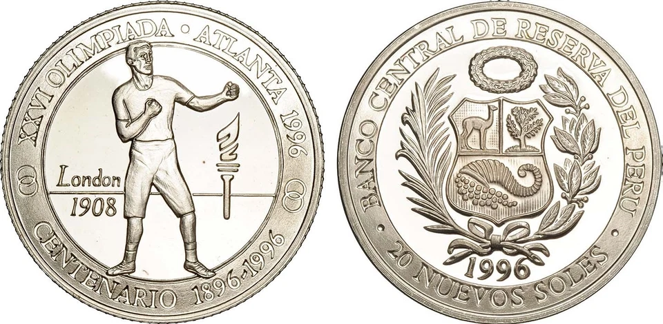 Extra Rare 1996 Peru Large.Silver piedfort 20 S Olympic Boxer T3-Mintage 25 - Image 1 of 1