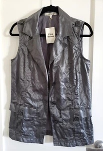 Travelsmith Button Crinkle Vest Zip Tab Pockets Gunmetal Grey Gray Cotton Lined - Picture 1 of 9