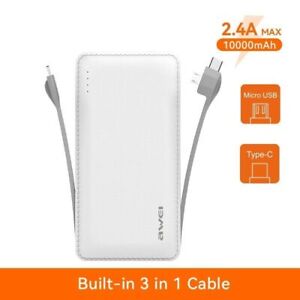 Fast Charging Micro Cable Portable Power Bank 10000mAh With Type C-White