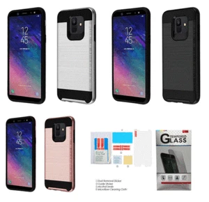 For Galaxy A6 (2018) Black Brushed Hybrid Case Cover /Clear Tempered Glass Film - Picture 1 of 10