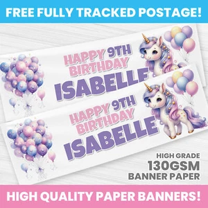 UNICORN BIRTHDAY BANNER PERSONALISED ANY NAME PARTY BANNERS GIRL - Picture 1 of 3