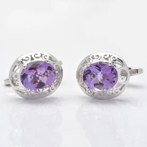 Natural Purple Amethyst Gemstone Dainty Silver Men's Cufflinks Gift for Dad - Picture 1 of 4
