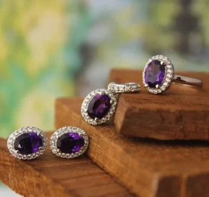 Set gioielli donna ametista 3 ct taglio ovale creata in laboratorio placcato oro bianco 14 kt - Foto 1 di 5