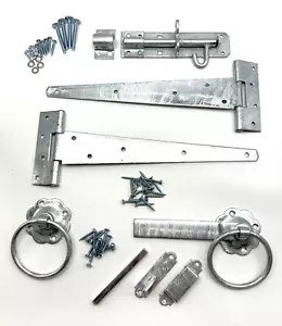 Paquete de bisagras de puerta de jardín HDG de alta resistencia | 2x bisagras de camiseta de 12", pestillo de anillo, perno de almohadilla - Imagen 1 de 4