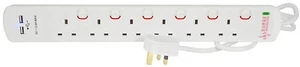 Geschaltet 2m 6 Gang Verlängerung Blei Überspannungsschutz Dual USB Ports Neon Anzeige - Bild 1 von 1