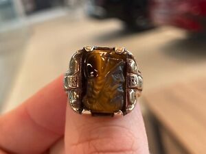 Mens Solid 10K Yellow Gold Tigers Eye Roman Greek Soldier Ring Band Size 9