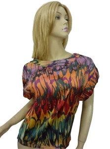NWT Gibson Blouse SMALL Multicolor LAVA BLAZE Scoop Neck Cap Slvs Satin - Picture 1 of 12