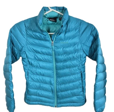 Casaco feminino Marmot 700 preenchimento tamanho P acolchoado isolamento logotipo azul-petróleo - Imagem 1 de 4