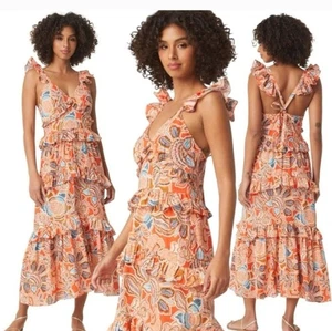 MISA Morrison Midikleid Mandarine Blumen Rüschen Stufen Größe XL - Bild 1 von 9