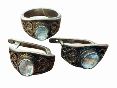 Juego de pendientes y anillo de filigrana con palanca trasera de cuarzo azul de plata de ley talla 8 Foto 1 de 4