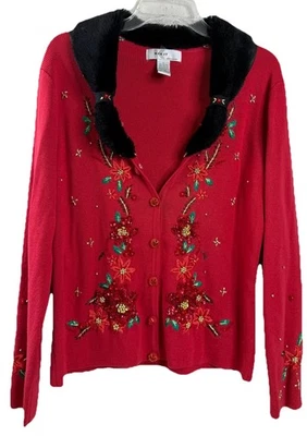 Cárdigan grande de Navidad KIKIT cuentas bordadas cuello de piel sintética extraíble usado en excelente estado Foto 1 de 4