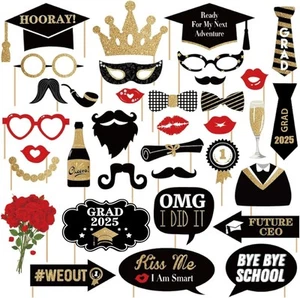 Happy Graduation 2025 Photo Booth Props 35pcs Funny Large Black - Picture 1 of 7