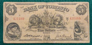 1937 Bank of Toronto $5 Five Dollars Canada Banknote Marsh Left, back has issues - Picture 1 of 3