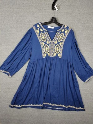 Vestido túnica solitario para mujer grande azul amarillo bordado boho campesino rayón Foto 1 de 4