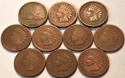 Lot (10) Better Flying Eagle Indian Head Cents 1857 1868 1869 1870 1875 Penny 1C - Image 1 of 4