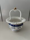 CHINESE BONE CHINA BASKET POT RETICULATED DETAIL BLUE WHITE FLORAL RIBBED GILT