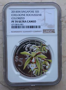 NGC PF70 UC 2014 Singapore 1oz Silver Coin - Coelogyne Rochussenii - Picture 1 of 4