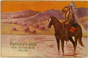 Native American Man On Horse ~ Bennert’s Cafe Chicago IL Menu Topper Postcard - Picture 1 of 3