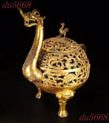 15.6" China bronce dorado Feng Shui riqueza animal suerte pájaro quemador de incienso incensario Foto 1 de 4