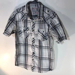 Machine Wht/Gry/Blk/Blu Plaid Button Up Mens Size L Stitching Snap Pockets - Picture 1 of 6