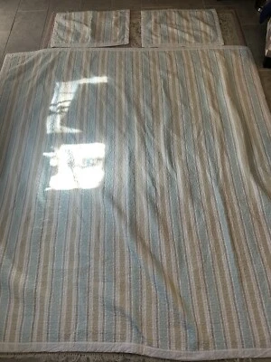 1 Nicole Miller Quilt 2 shams Blue Tan White Stripe Cotton Blend FULL 88x84 - Image 1 of 4