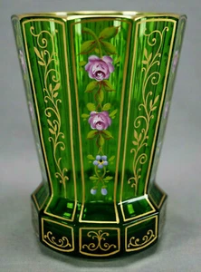 19th Century Bohemian Enameled Pink Rose Gold & Emerald Green Tumbler Spa Glass - Picture 1 of 9