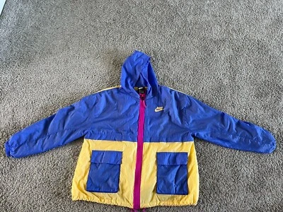 Chaqueta cortavientos vintage Nike con capucha para mujer mediana años 90 amarillo rosa púrpura Foto 1 de 3