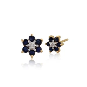 Floral Round Sapphire & Diamond Cluster Stud Earrings in 9ct Yellow Gold - Picture 1 of 2