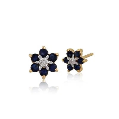 Floral Round Sapphire & Diamond Cluster Stud Earrings in 9ct Yellow Gold - Image 1 of 2