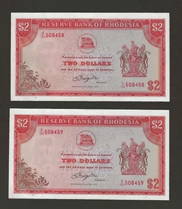 RHODESIA 2 Dollars 1977, P-35b, (15 Apr '77), 2x Consecutive Pair, EF, Staple H. - Picture 1 of 2