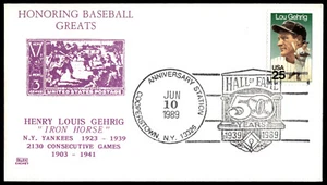 1989 Lou Gehrig FDC Honoring Baseball Greats GLEN Cachet-HOF Anniversary Stamp - Picture 1 of 2